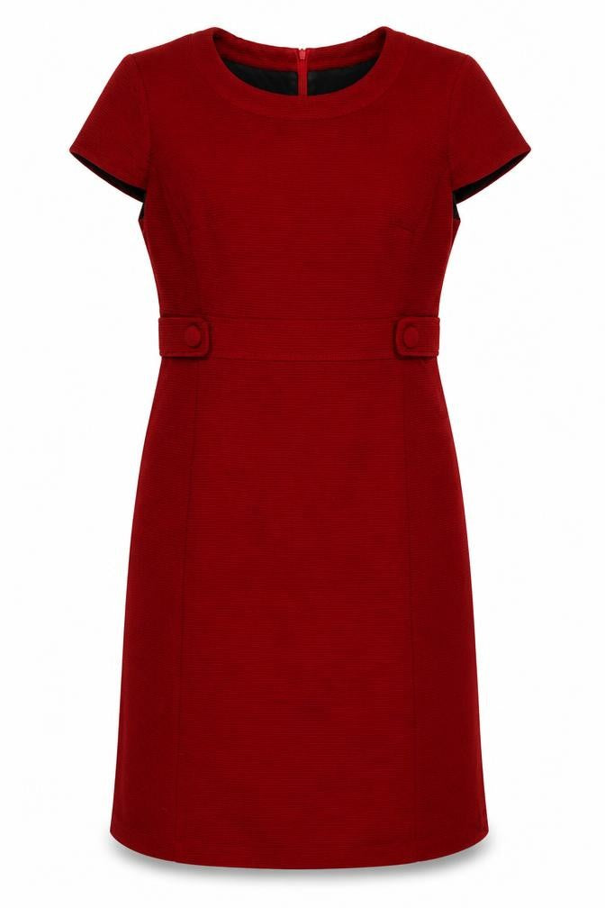 Front view of Country Casuals Women's Red Round Neck Button Accent Dress