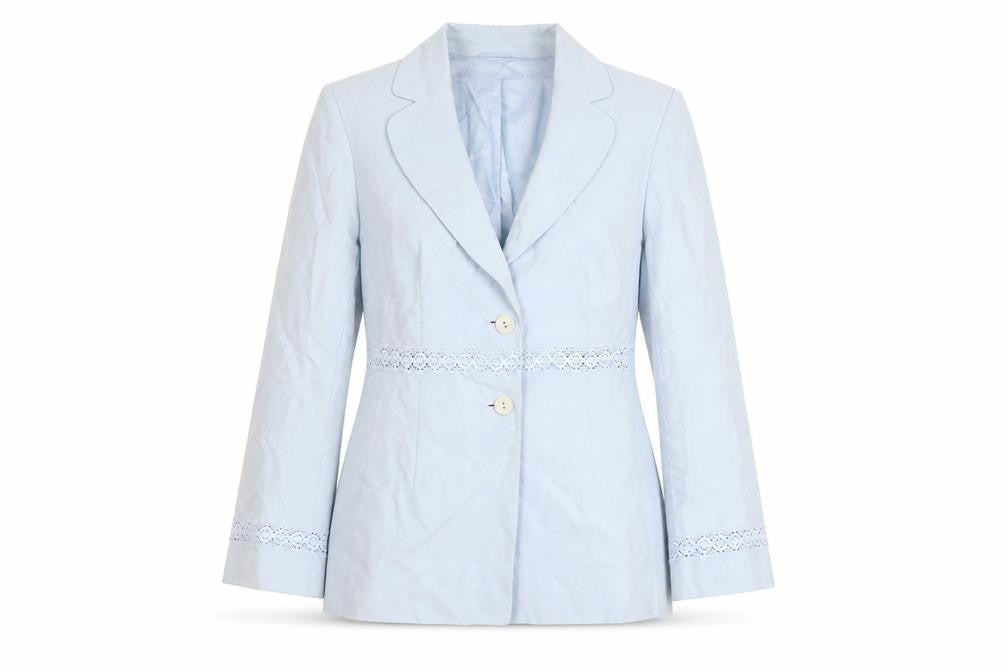 Front view of Precis Petite Blue Women's Blazer, size 12, Lace Detail