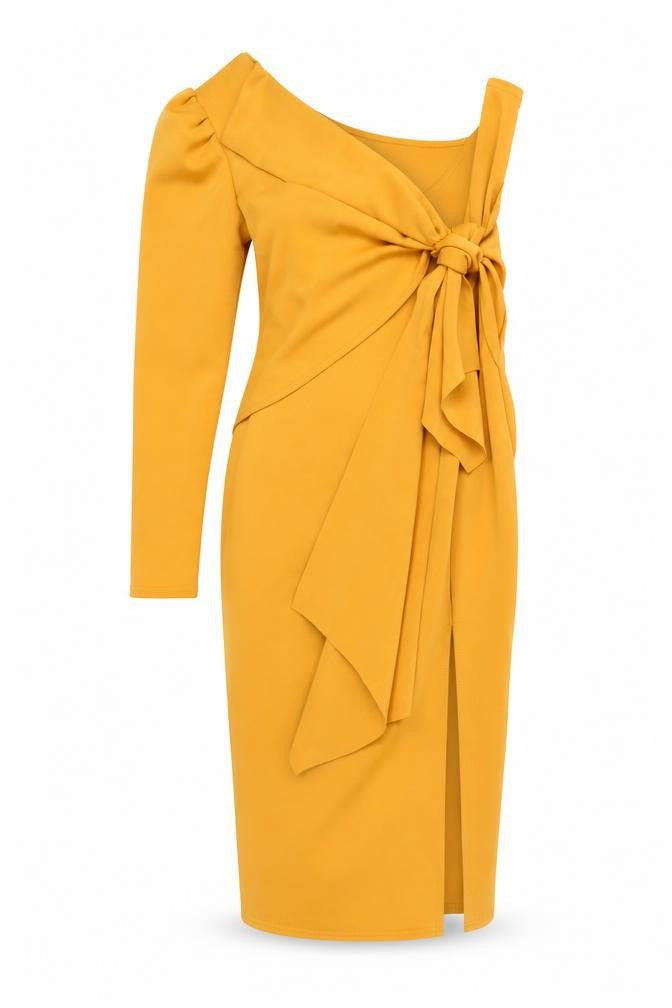 Front view of ASOS DESIGN Women's Yellow Off-Shoulder Dress, size 12