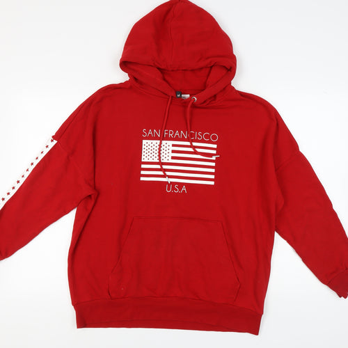 H&M Unisex Red Pullover Hoodie, M, Graphic Print