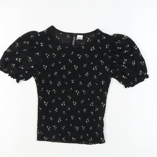 H&M Women's Black Floral Puff Sleeve Top XS