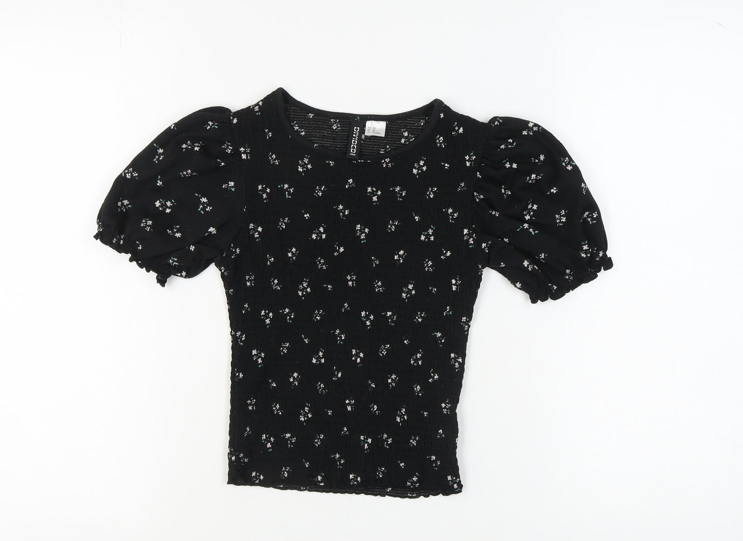 H&M Women's Black Floral Puff Sleeve Top XS