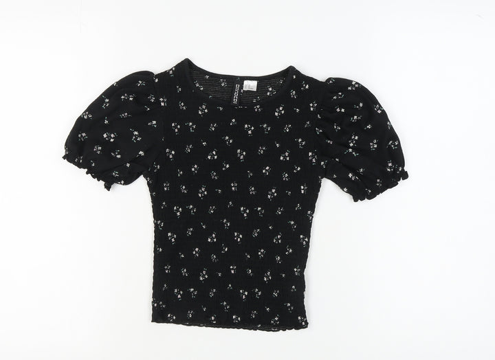 H&M Women's Black Floral Puff Sleeve Top XS