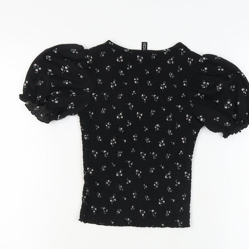 H&M Women's Black Floral Puff Sleeve Top XS