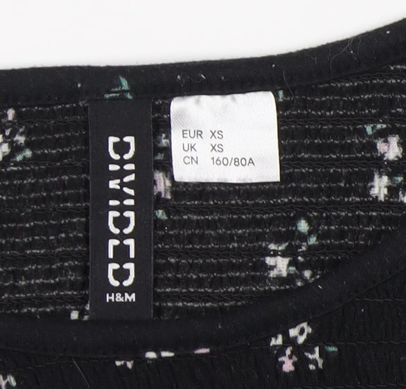 H&M Women's Black Floral Puff Sleeve Top XS
