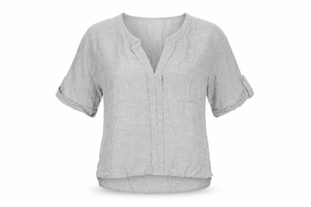 Front view of label lab Women Grey V-Neck Blouse, size 10, Relaxed Fit