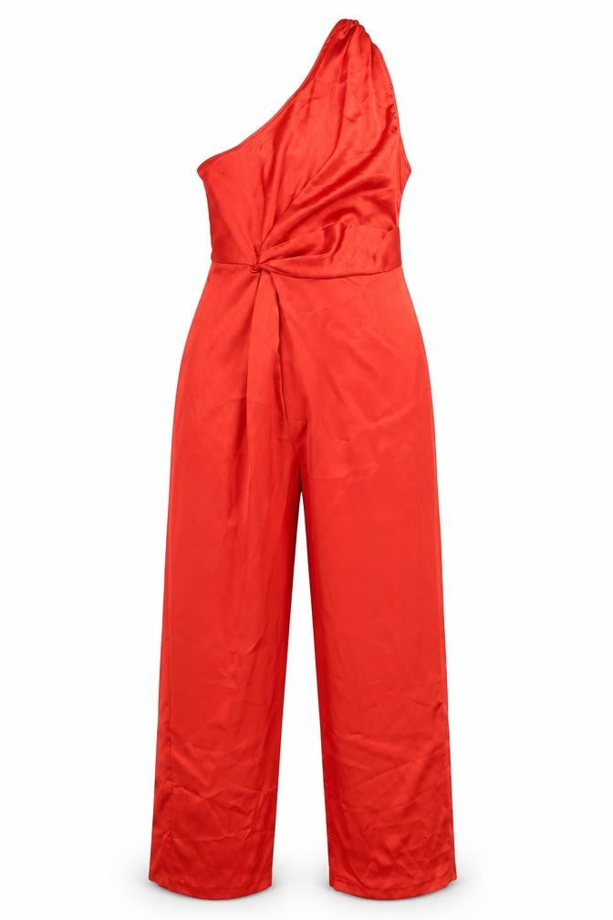 Front view of Zara Women's Red One-Shoulder Jumpsuit, XS