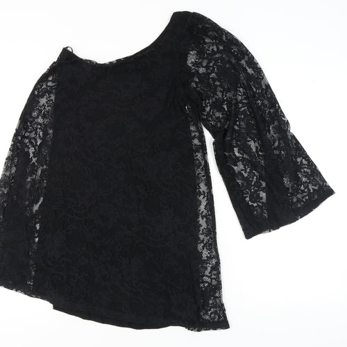 Warehouse Women's Black Lace A-Line Dress, UK 6, Asymmetric Bell Sleeves