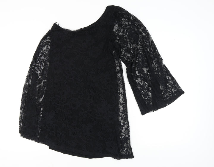 Warehouse Women's Black Lace A-Line Dress, UK 6, Asymmetric Bell Sleeves
