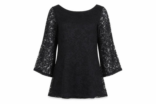 Front view of Warehouse Women's Black Lace A-Line Dress, UK 6, Asymmetric Bell Sleeves