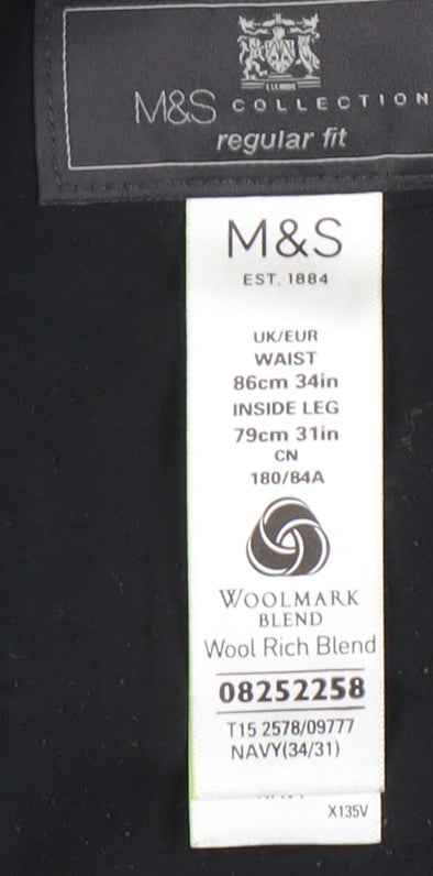 Marks & Spencer Men's Blue Dress Trousers, Regular Fit, Size 34