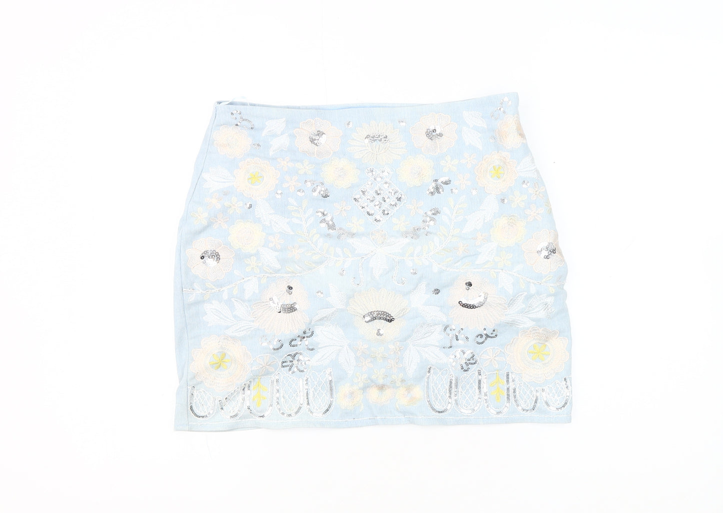 Drôle de Copine Blue Embroidered Sequin Pencil Skirt M