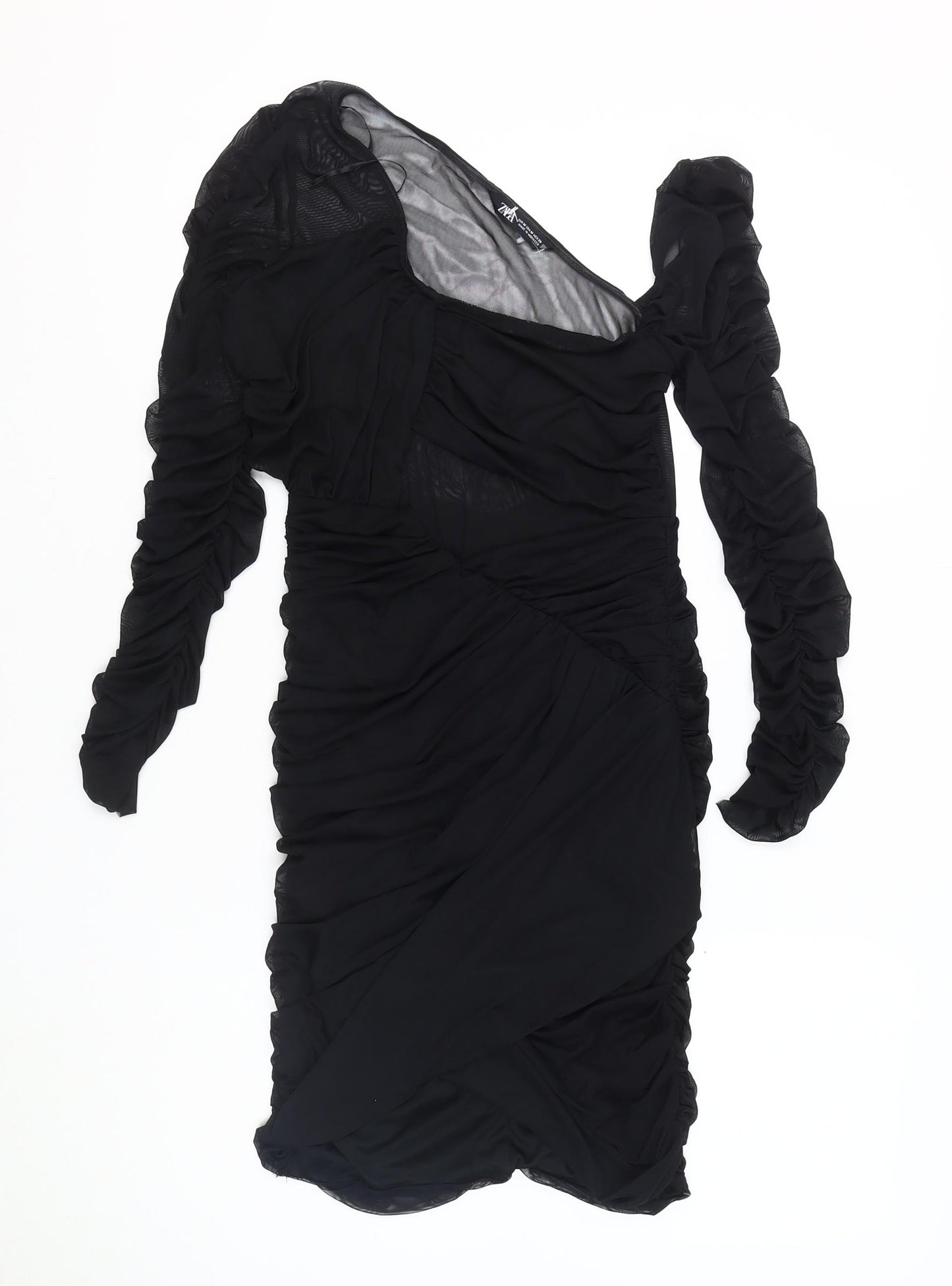 Zara Women's Long Sleeve Black Dress, Size 12, Elegant Chiffon