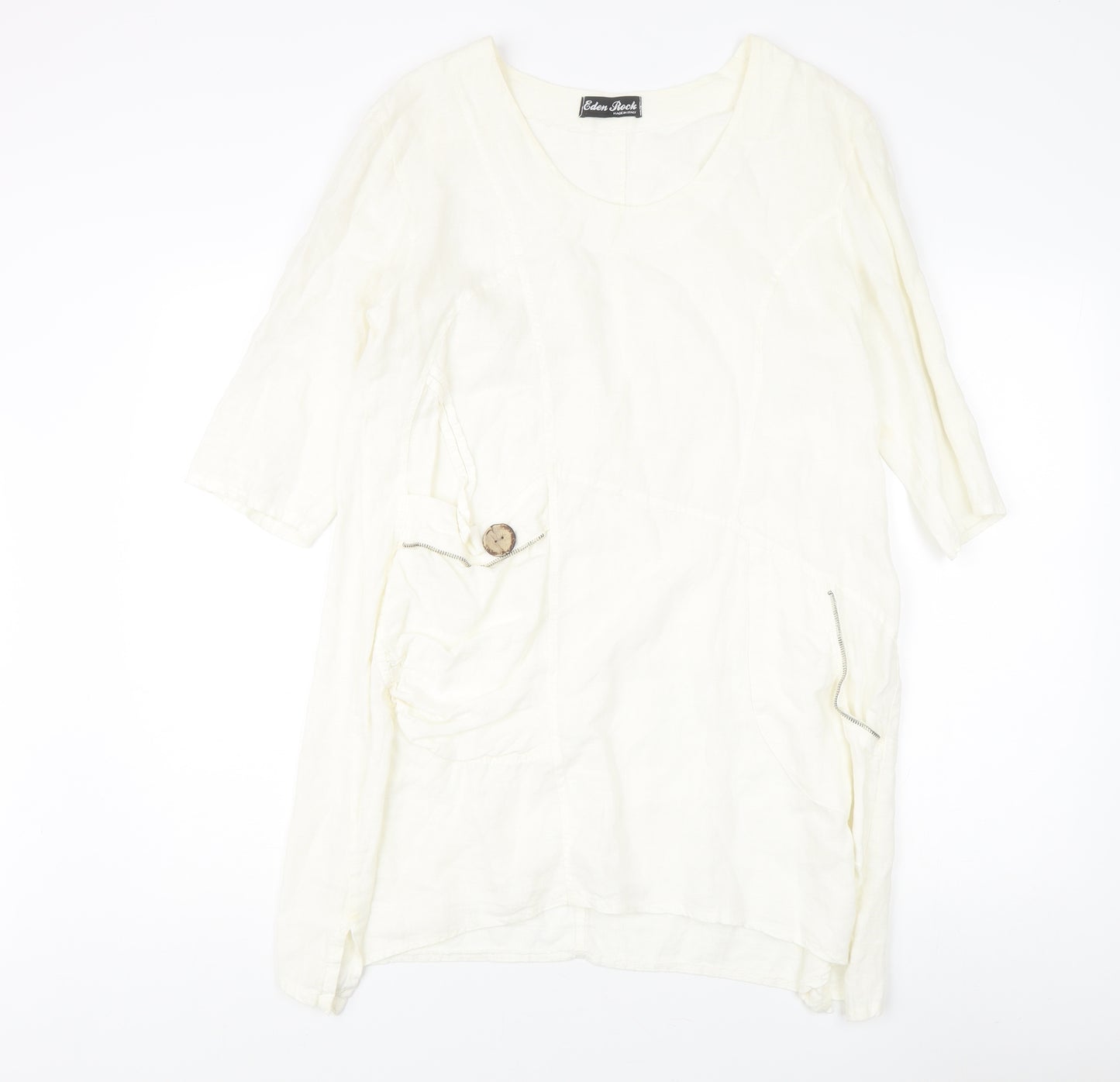 Eden Rock Ivory Linen Dress Women's M 3/4 Sleeve