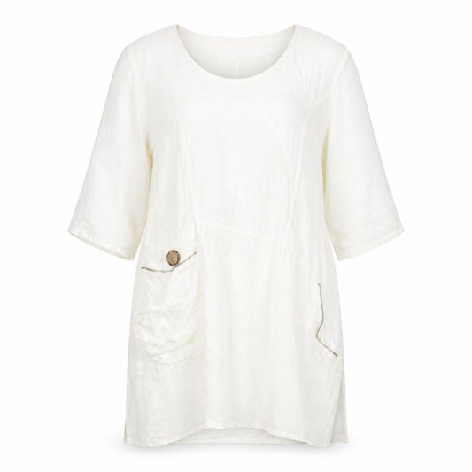 Front view of Eden Rock Ivory Linen Dress Women's M 3/4 Sleeve