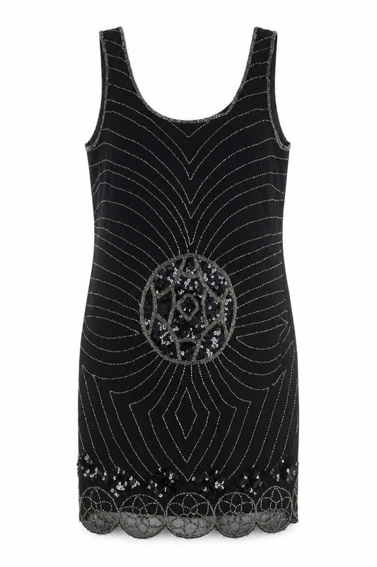 Front view of AX Paris Women's Black Sequined Sleeveless Dress, size 14