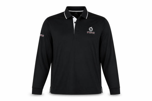 Front view of Sunderland of Scotland Men's Black Button-Up Polo, M