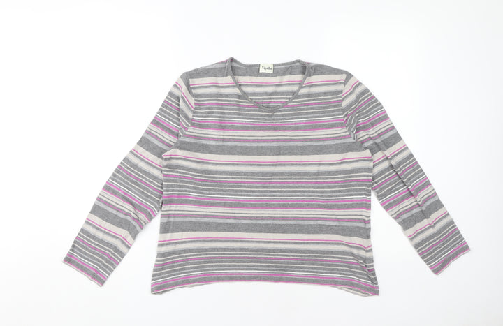 Viyella Women's Grey Striped Long Sleeve T-Shirt L