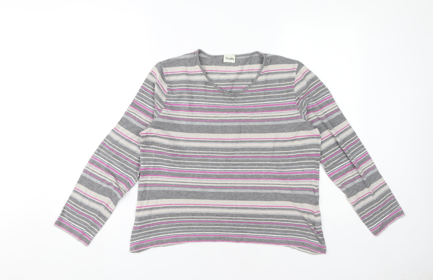Viyella Women's Grey Striped Long Sleeve T-Shirt L