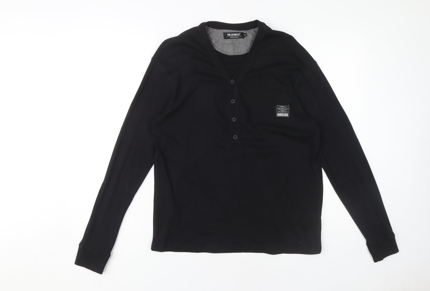 Voi Jeans Co. Men's Black Henley Long Sleeve T-Shirt M