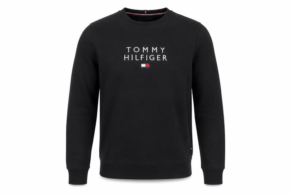 Front view of Tommy Hilfiger Men's Black S Pullover Sweatshirt, Logo