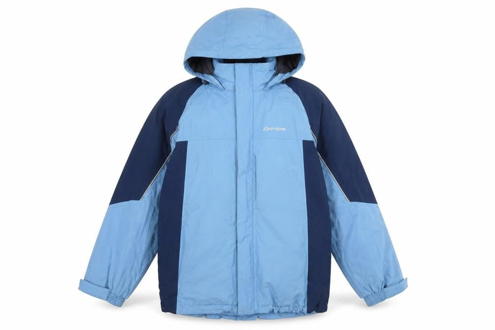 Front view of Sprayway girls’ blue waterproof ski jacket, size 14