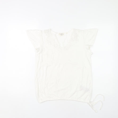 Fat Face Women's White Crochet V-Neck T-Shirt S