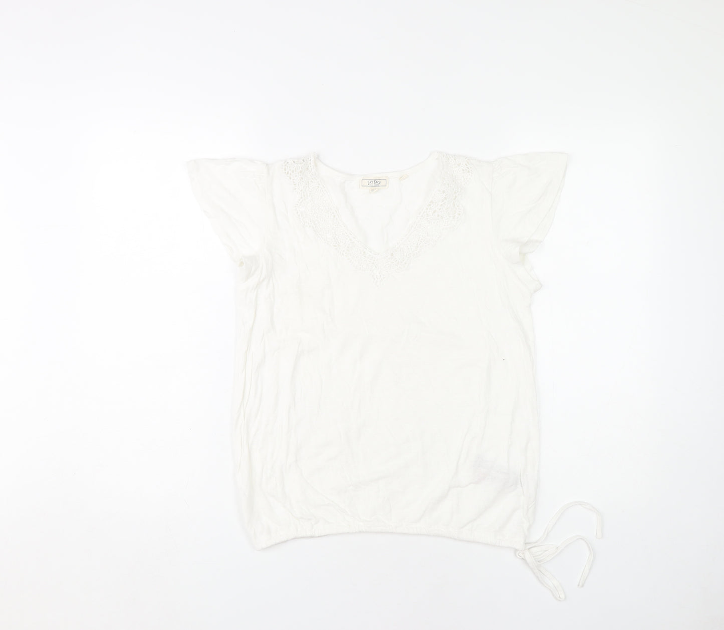 Fat Face Women's White Crochet V-Neck T-Shirt S