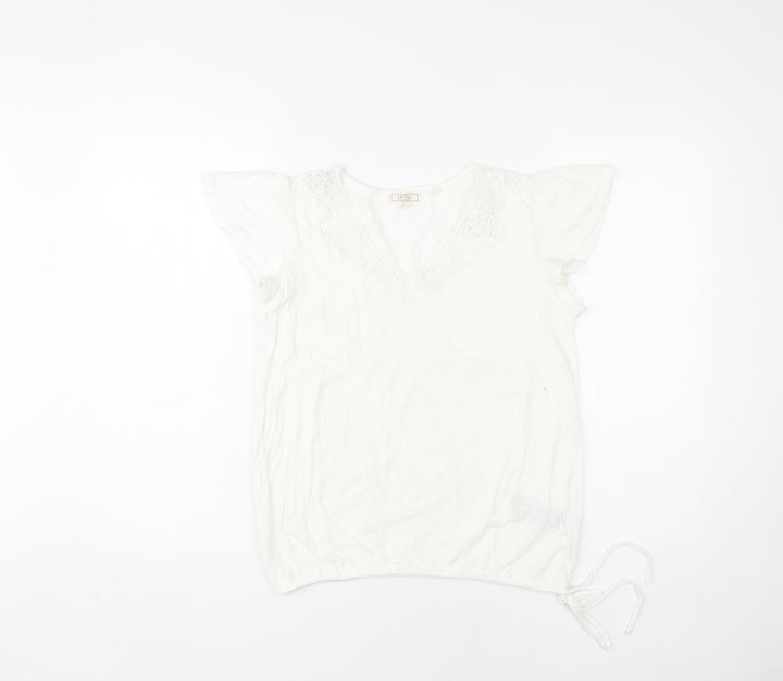 Fat Face Women's White Crochet V-Neck T-Shirt S