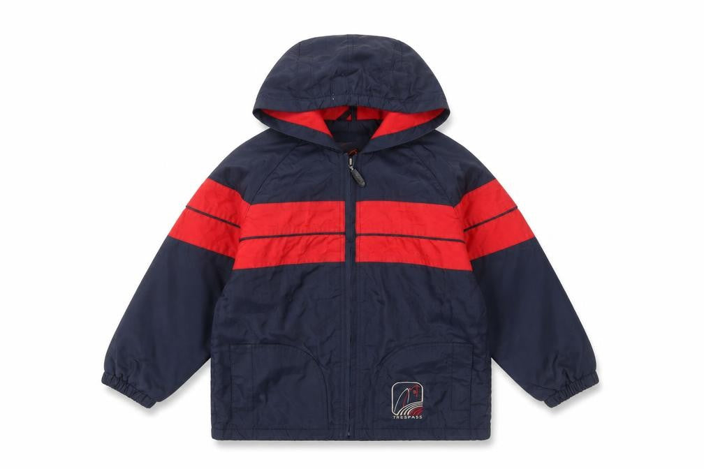 Front view of Trespass boys’ blue windbreaker jacket 5-6 years