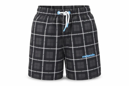 Front view of McKenzie boys’ black swim shorts, size 8-9, plaid pattern