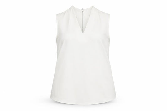 Front view of Warehouse Women's White Blouse, size 12, V-Neck Zip
