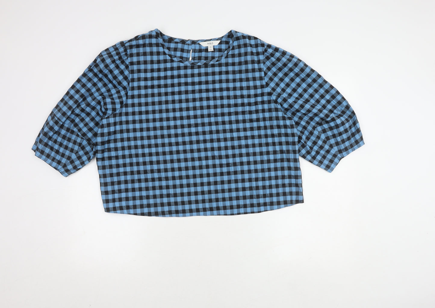 Marks and Spencer Blue Check Blouse, Women's Size 20, Elegant 3/4 Sleeve