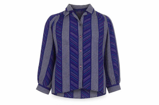 Front view of Clarissa Women's Blue Striped Button-Up Shirt, size 10