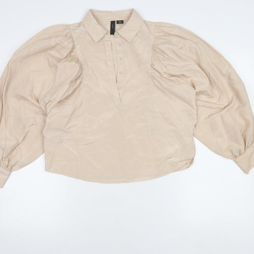 Y.A.S Women's Beige Collared Puff Sleeve Blouse S