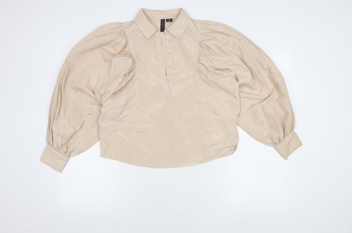 Y.A.S Women's Beige Collared Puff Sleeve Blouse S