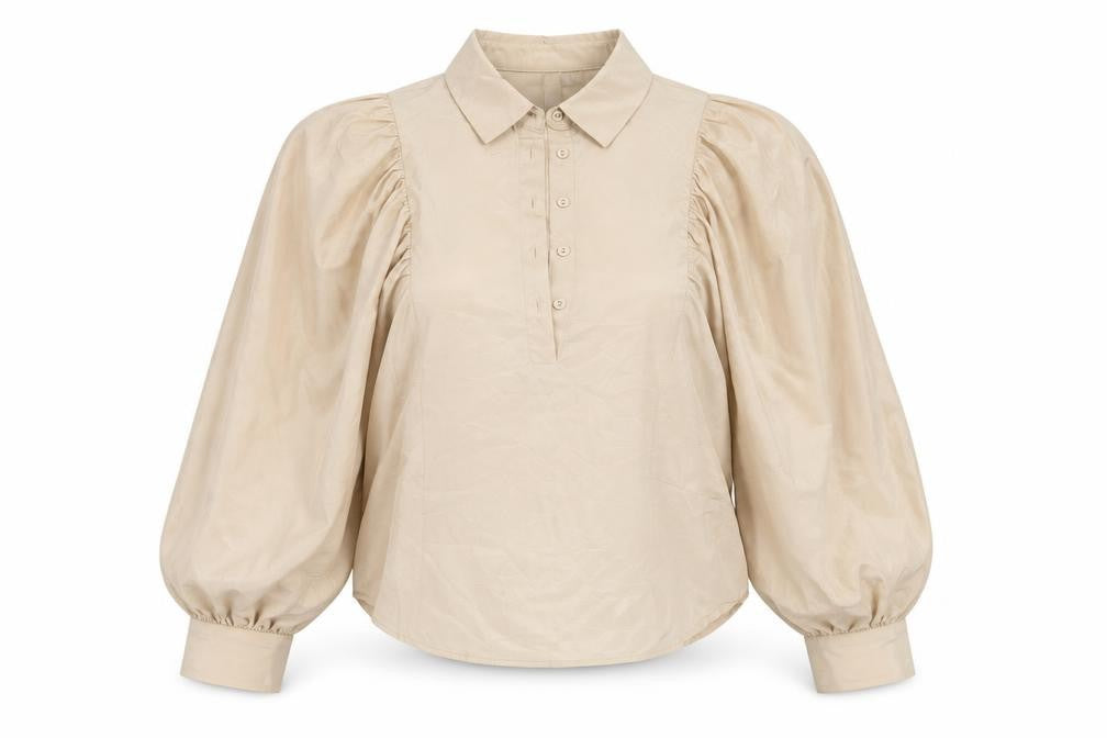 Front view of Y.A.S Women's Beige Collared Puff Sleeve Blouse S