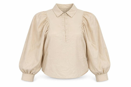 Front view of Y.A.S Women's Beige Collared Puff Sleeve Blouse S