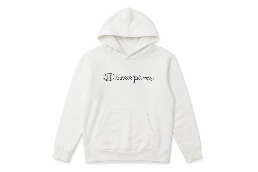 Front view of Champion boys’ white pullover hoodie, size 9-10, years