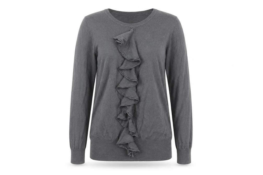Front view of Laura Ashley Grey jumper, size 10, Ruffle Accent