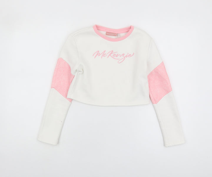McKenzie Girls White Pink Sweatshirt 12-13 Years Logo Crew Neck