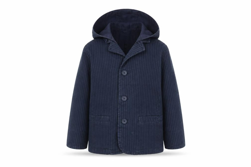 Front view of Jasper Conran boys’ blue pinstripe hooded jacket, 7 years