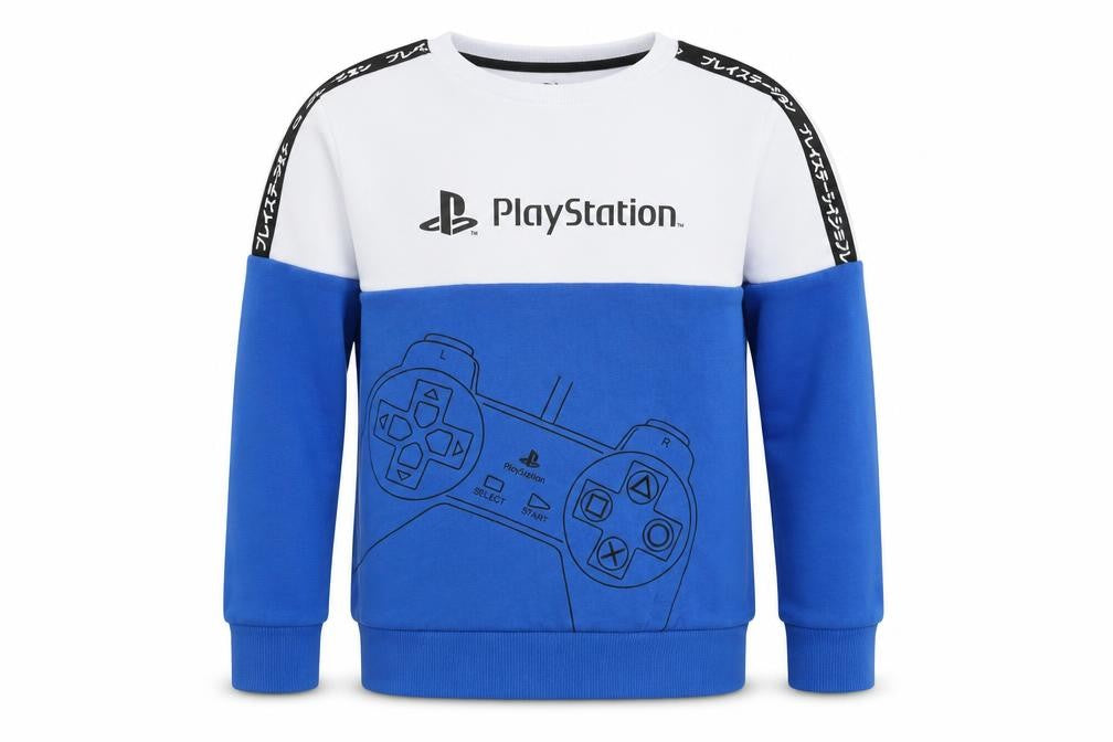 Front view of PlayStation boys’ blue white pullover sweatshirt, size 11, years