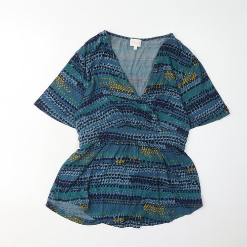 EAST Women's Blue Geometric Wrap Top Size S