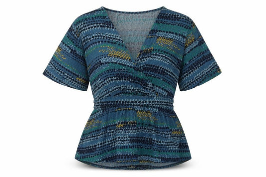 Front view of East Women's Blue Geometric Wrap Top, size S