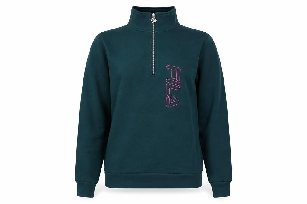 Front view of Fila Green Medium unisex 1/4 zip logo henley sweatshirt