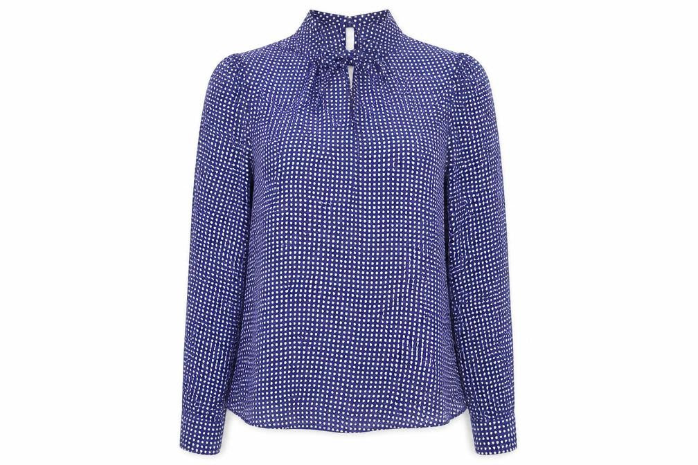 Front view of Dorothy Perkins Women's Blue Geometric Blouse, size 14