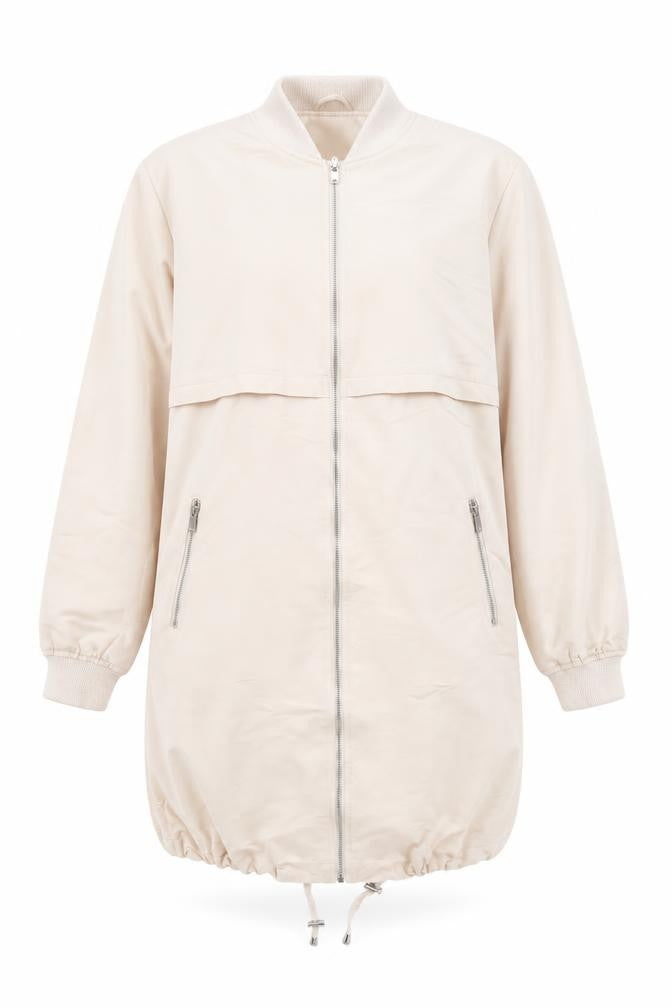Front view of New Look Women's Beige Long Bomber Jacket, size 10