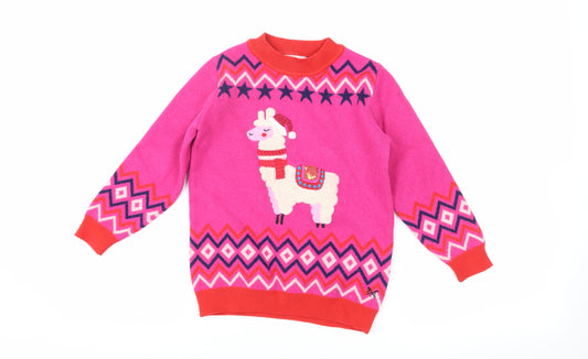 Crew Clothing Company Girls Pink Animal Pullover Jumper 5-6 Years
