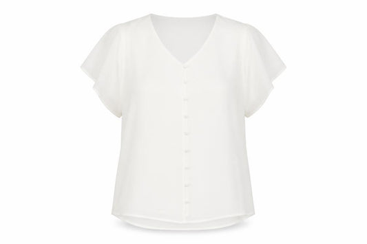 Front view of Emreco Women's White V-Neck Blouse, size 16